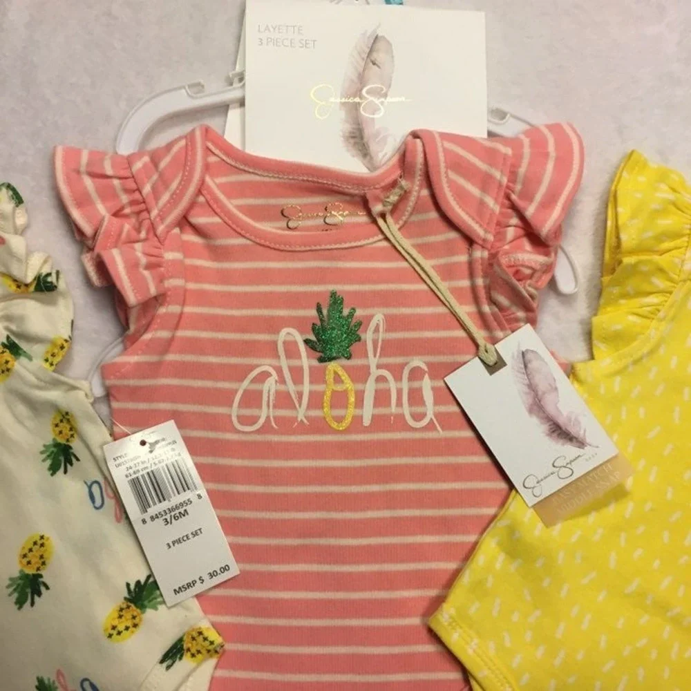 Jessica Simpson Bodysuit Set Kids 3/6M Pink Yellow White NEW Pineapple Aloha 3pc